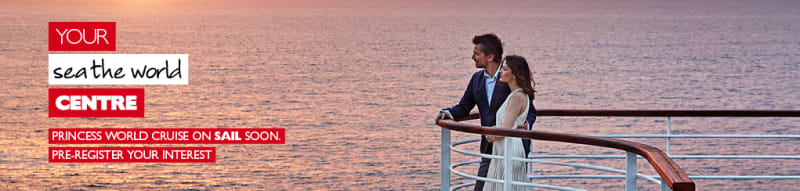 Your sea the world centre - Princess world cruise on sail soon. Pre-register your interest. Couple on the side of a cruise ship at sunset