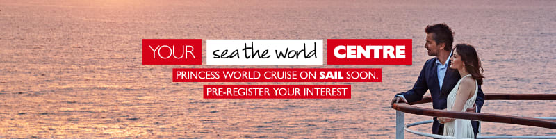 Your sea the world centre - Princess world cruise on sail soon. Pre-register your interest. Couple on the side of a cruise ship at sunset