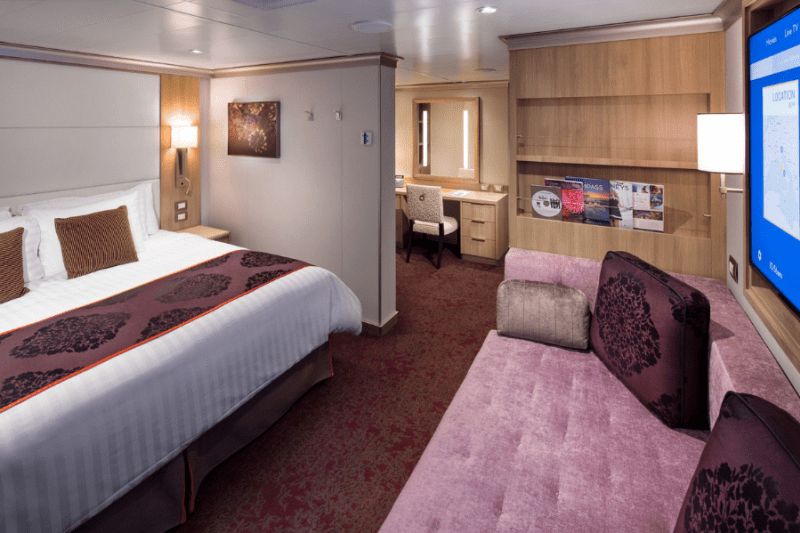 Interior view of an inside stateroom on a cruise ship