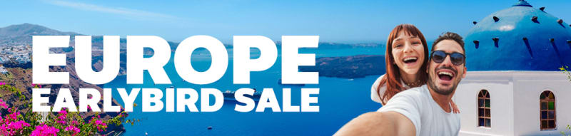 Europe Earlybird Sale - couple smiling taking a photo in Greece
