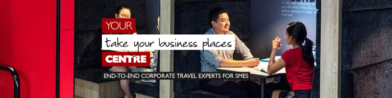 Your take your business places centre - End-to-end corporate travel experts for SMEs. Flight Centre Business Travel Customers sitting in booths