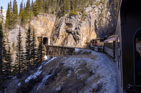 A train coming out of a tunnel built into the side of a mountain. 